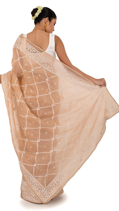 Pastel Peach Organza Saree with Thread work Saree