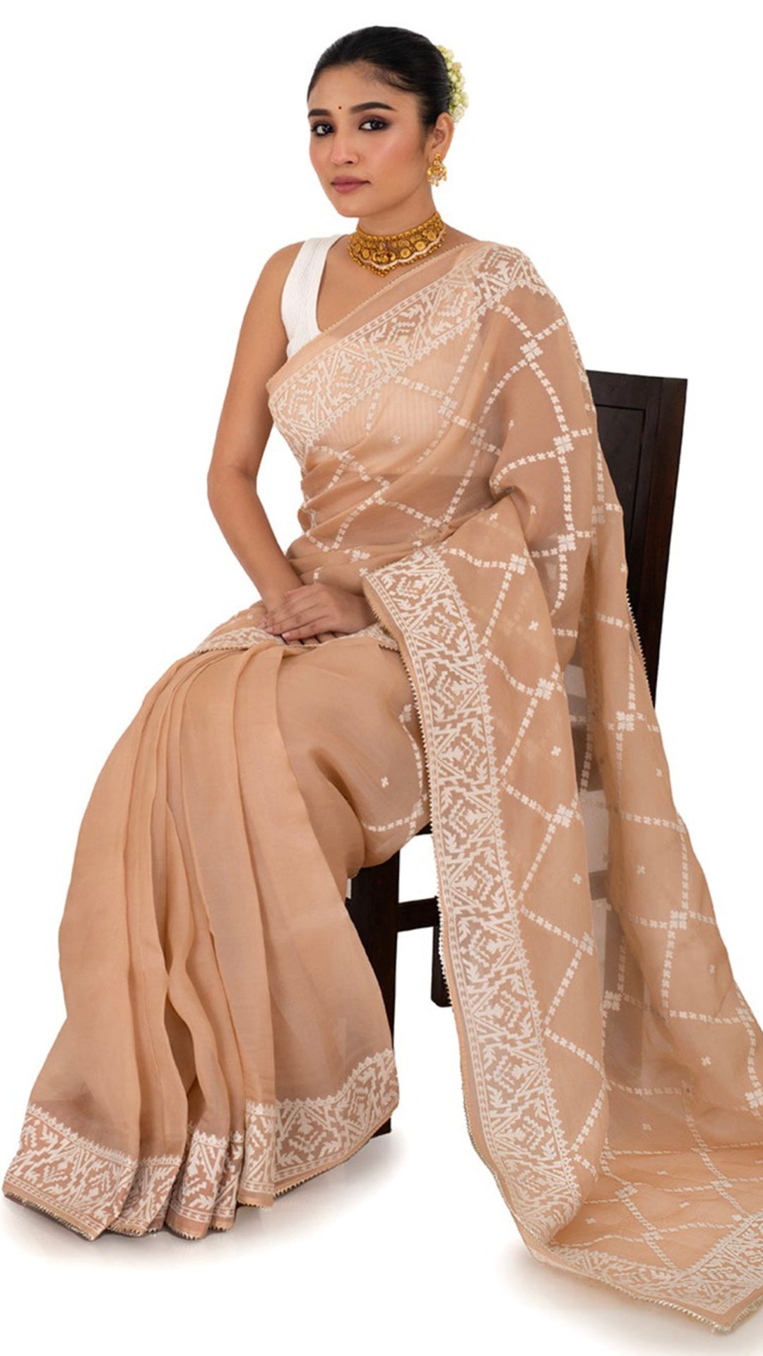 Pastel Peach Organza Saree with Thread work Saree