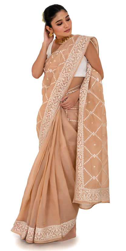 Pastel Peach Organza Saree with Thread work Saree