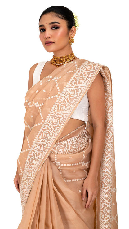 Pastel Peach Organza Saree with Thread work Saree