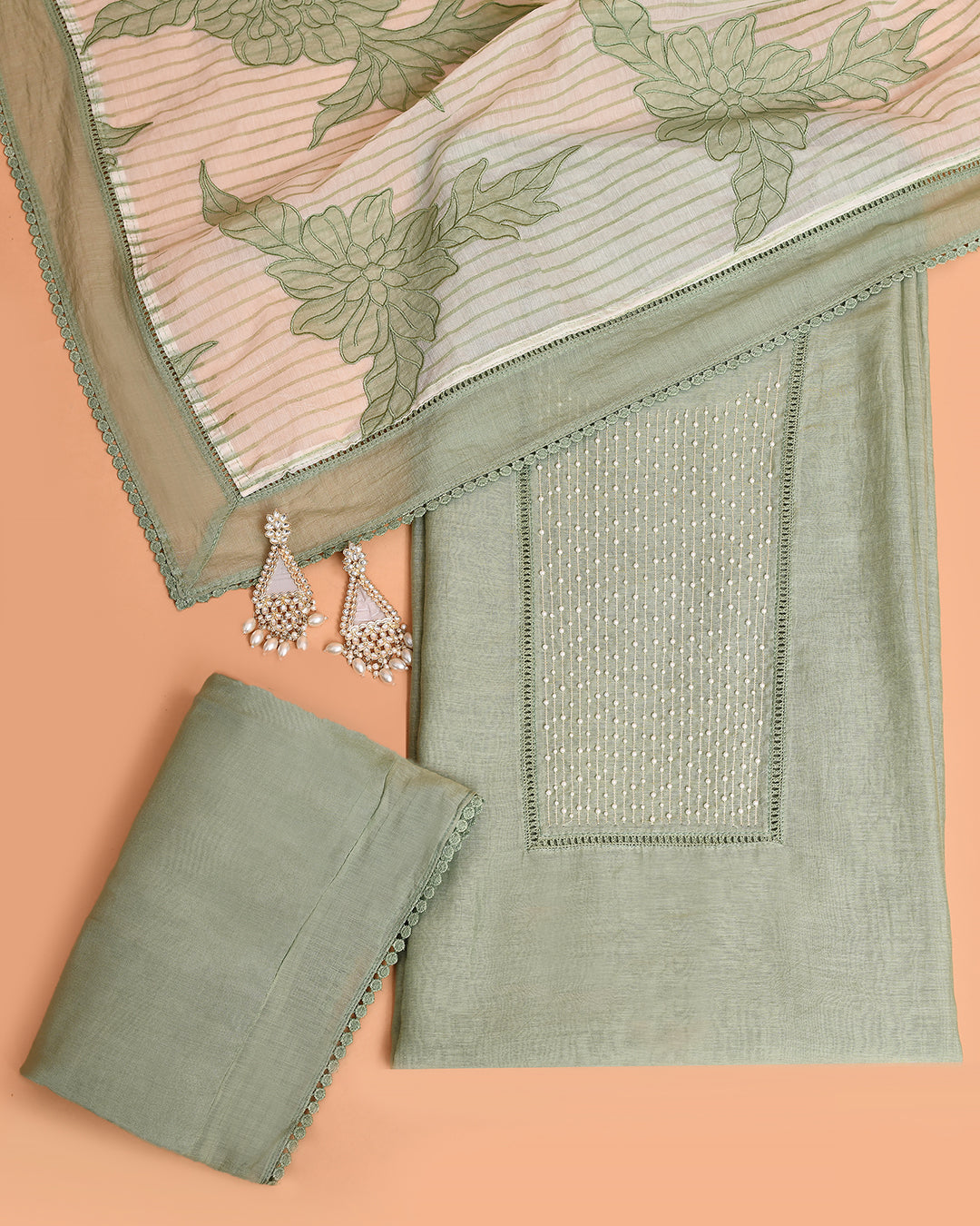 Pearl Ladder Mal Chanderi Kurti Material Mint Green featured