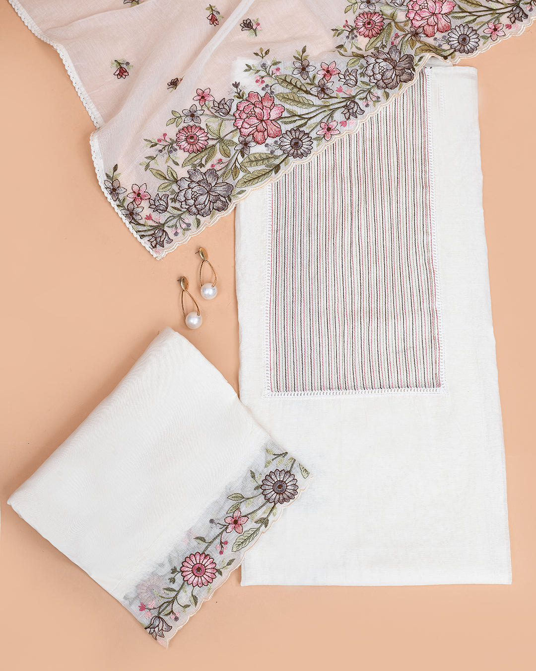 Mosaic Thread Mal Chanderi Kurti Material Light Beige Kurti Set featured