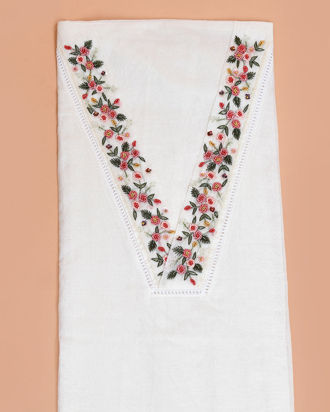 Rose Vignette Mal Chanderi Kurti Material Light Beige featured