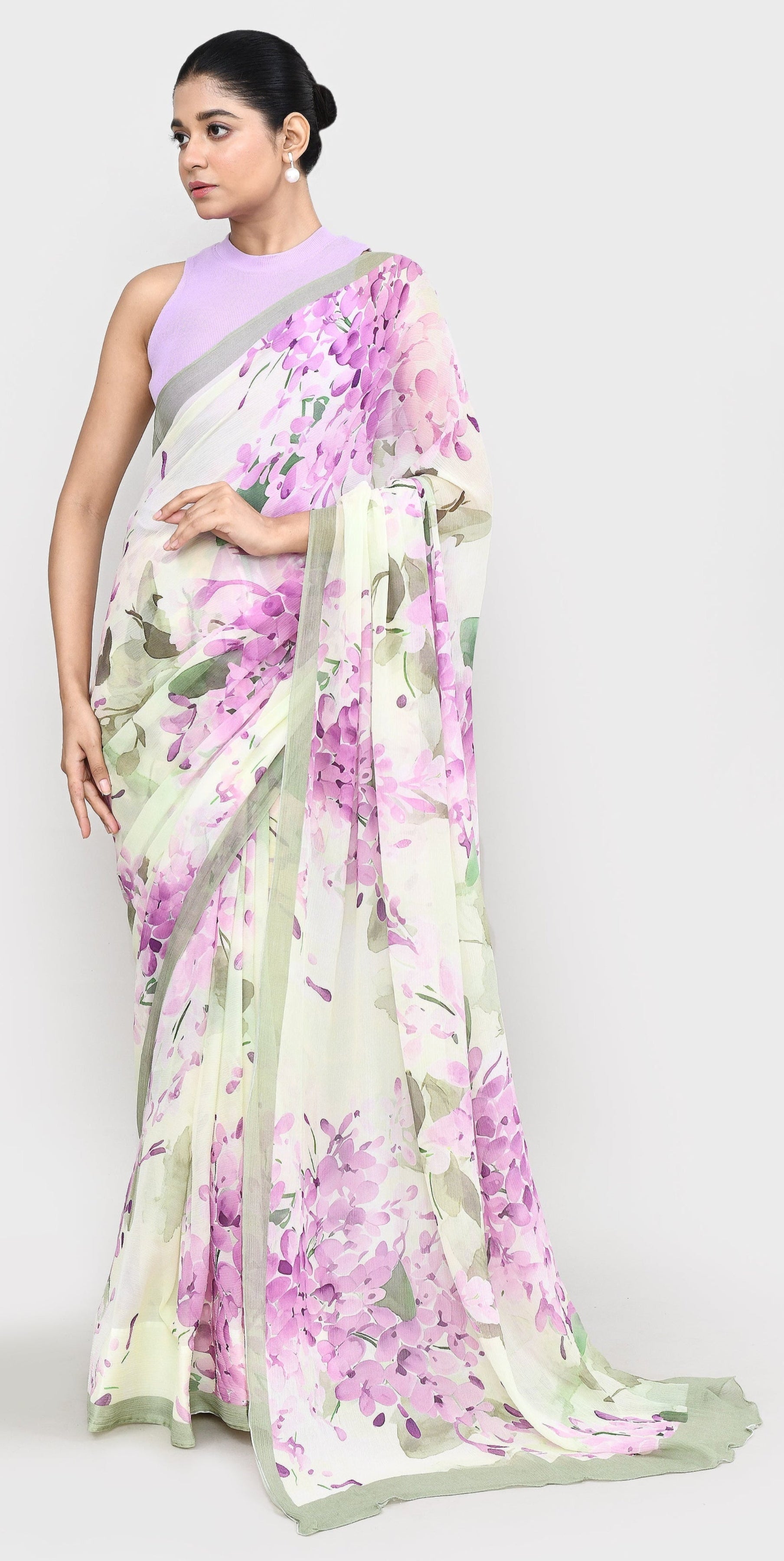 Mint & Lavender Chiffon Silk Saree White Saree