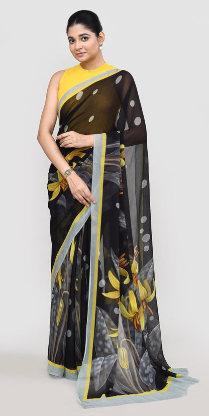 Black Polka Dot Chiffon Silk Saree Saree