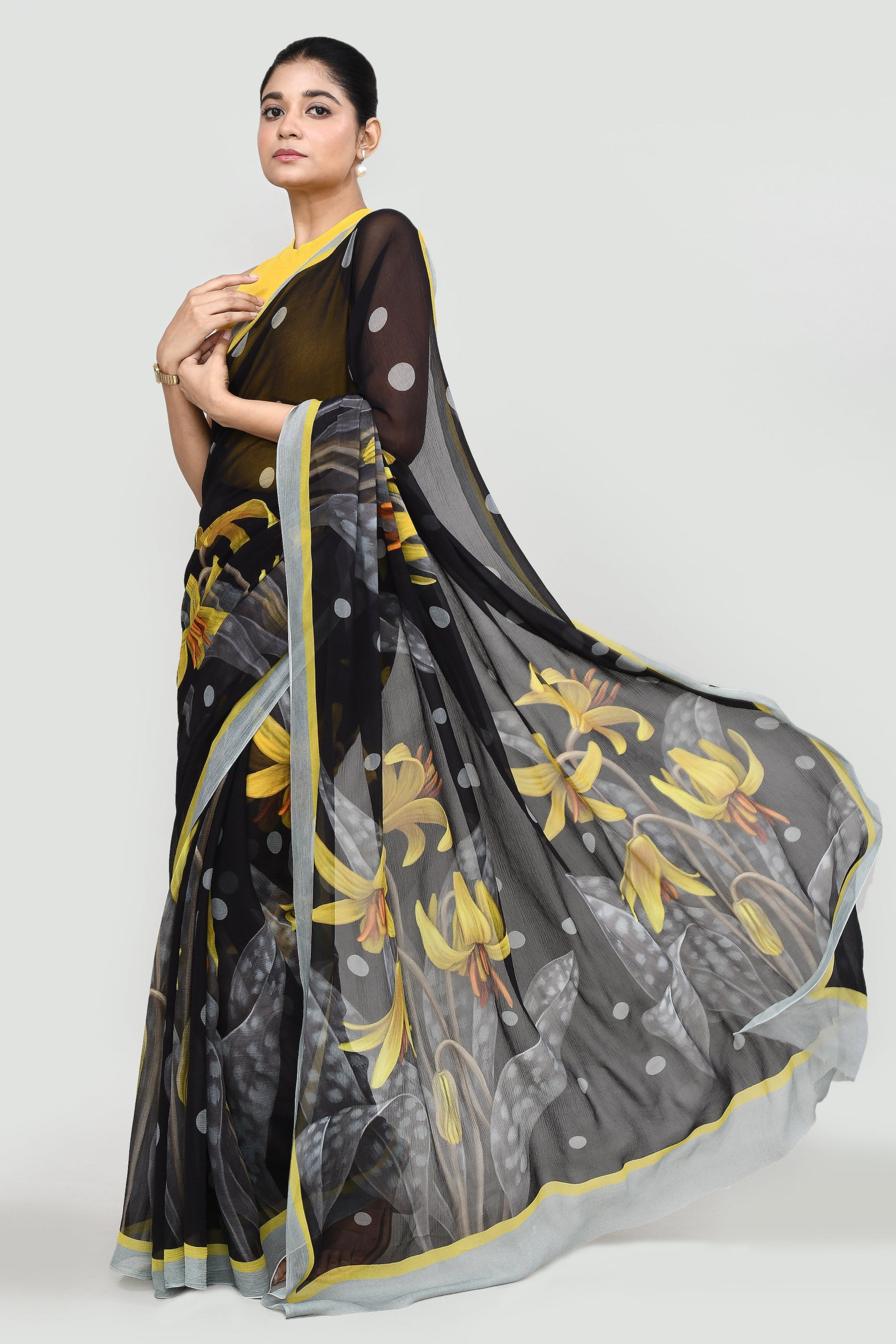 Black Polka Dot Chiffon Silk Saree Saree