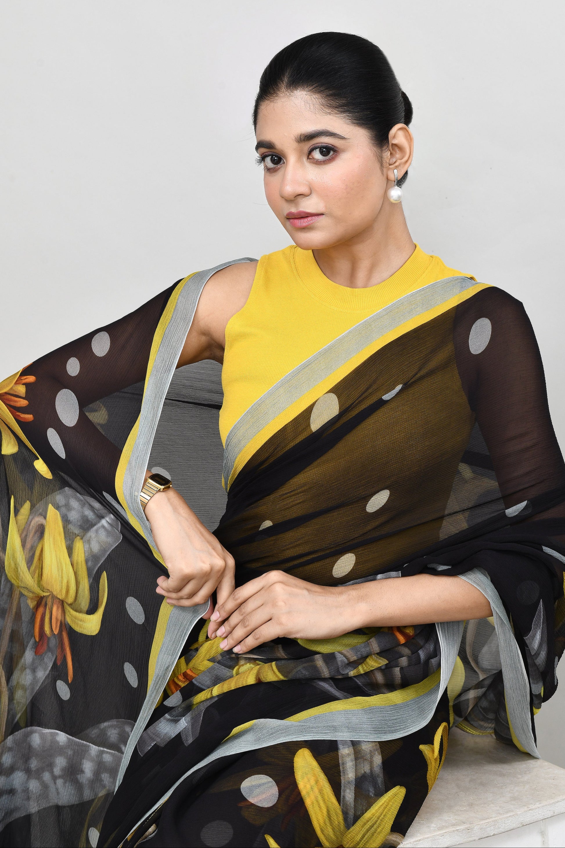 Black Polka Dot Chiffon Silk Saree Saree
