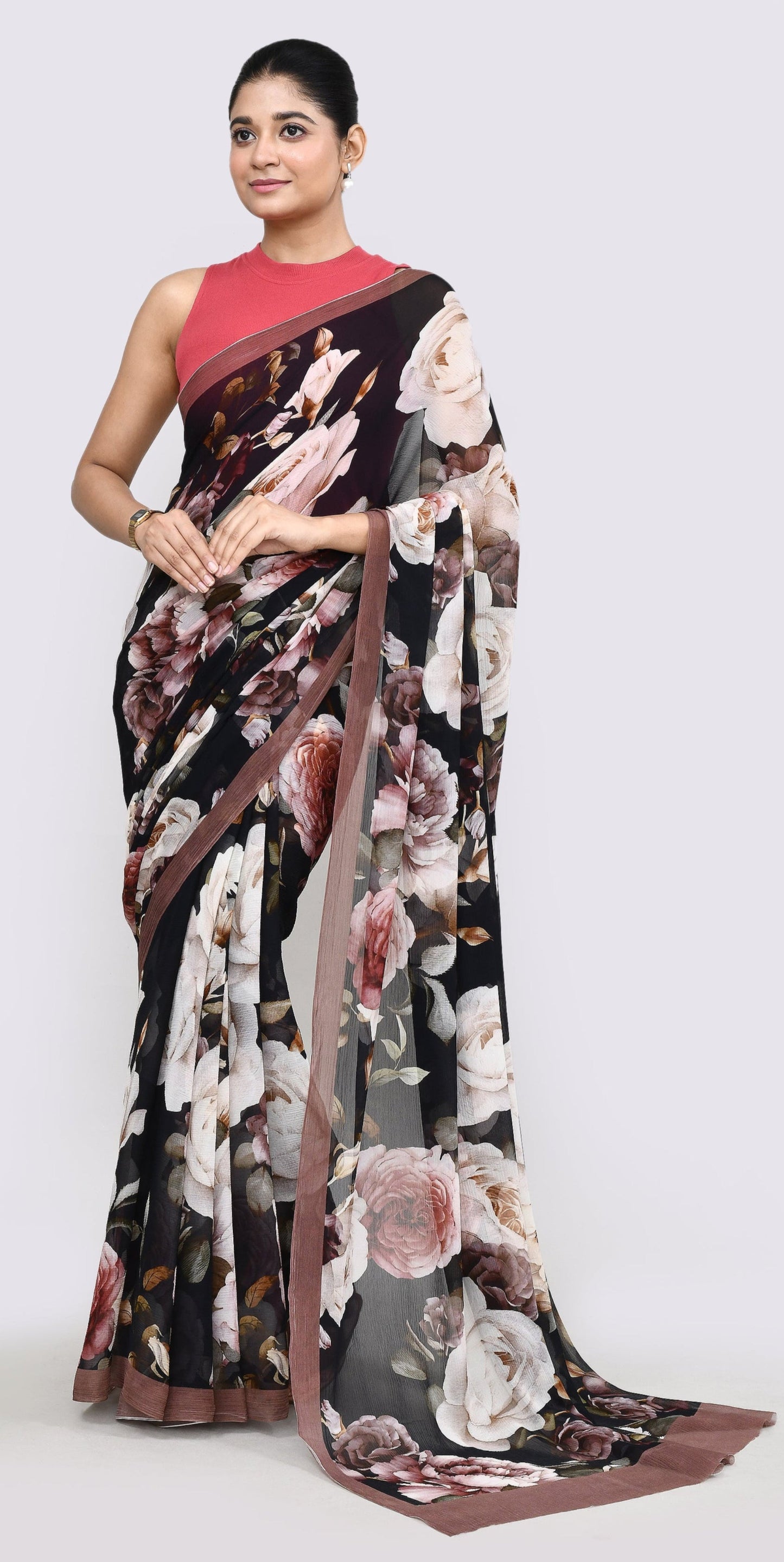 Rose Blossom Black Chiffon Silk Saree Saree
