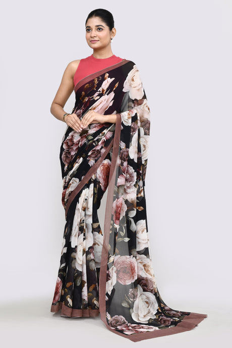 Rose Blossom Black Chiffon Silk Saree Saree