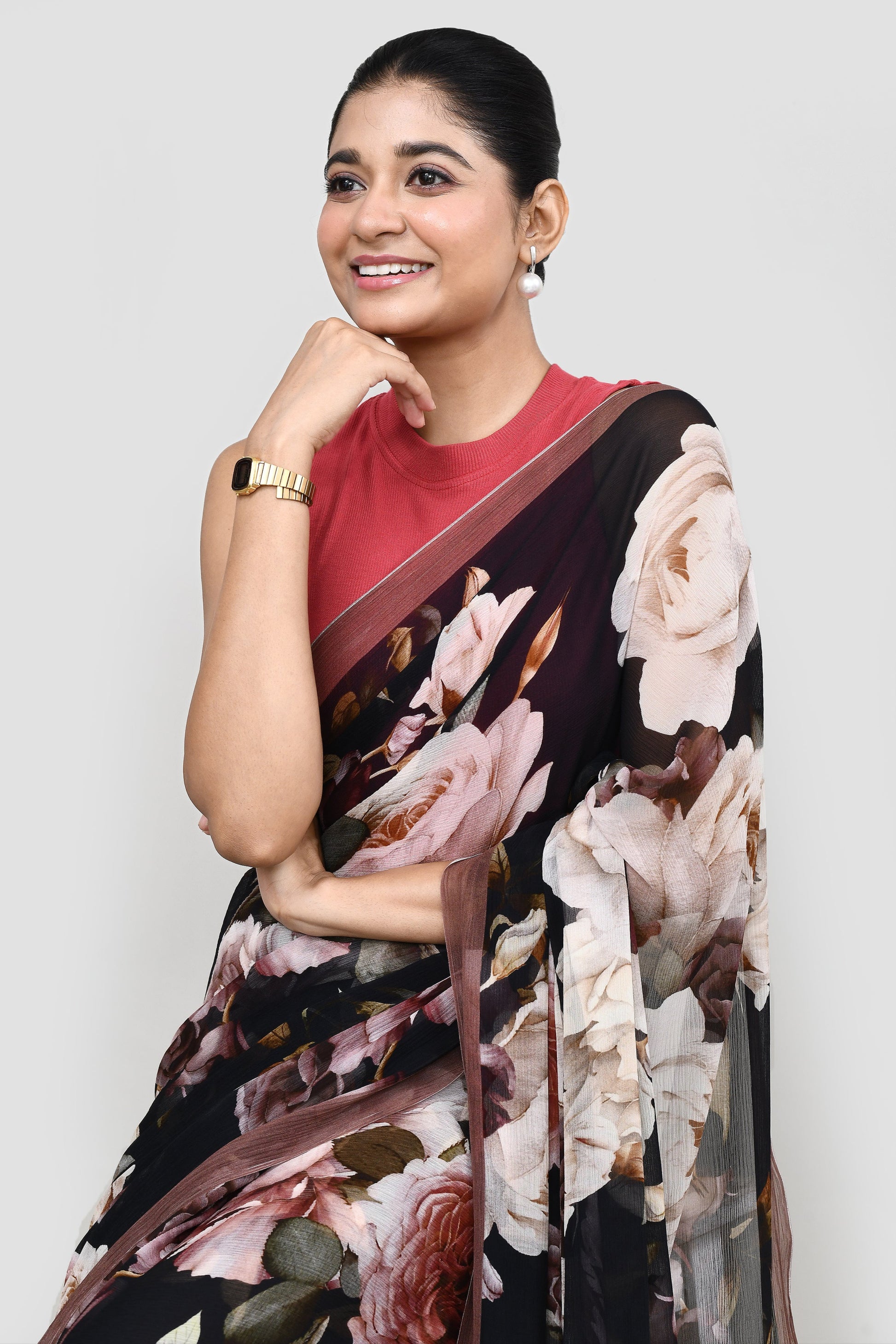 Rose Blossom Black Chiffon Silk Saree Saree