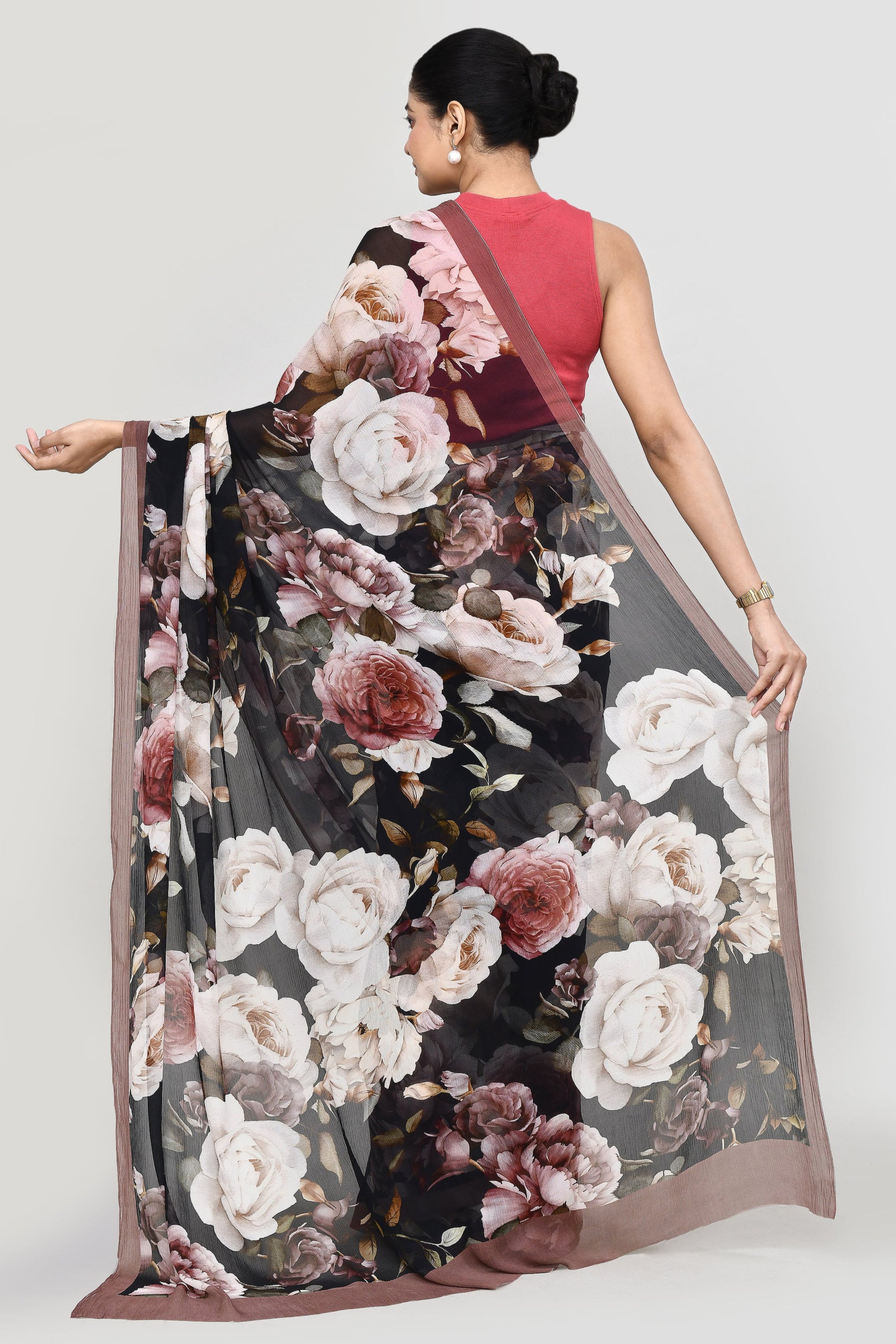 Rose Blossom Black Chiffon Silk Saree Saree
