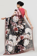 Load image into Gallery viewer, Rose Blossom Black Chiffon Silk Saree Saree