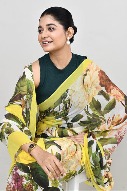 White & Yellow Chiffon Silk Saree Saree featured