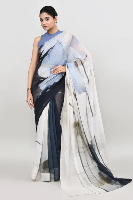 Blue & Grey Floral Chiffon Silk Saree Saree