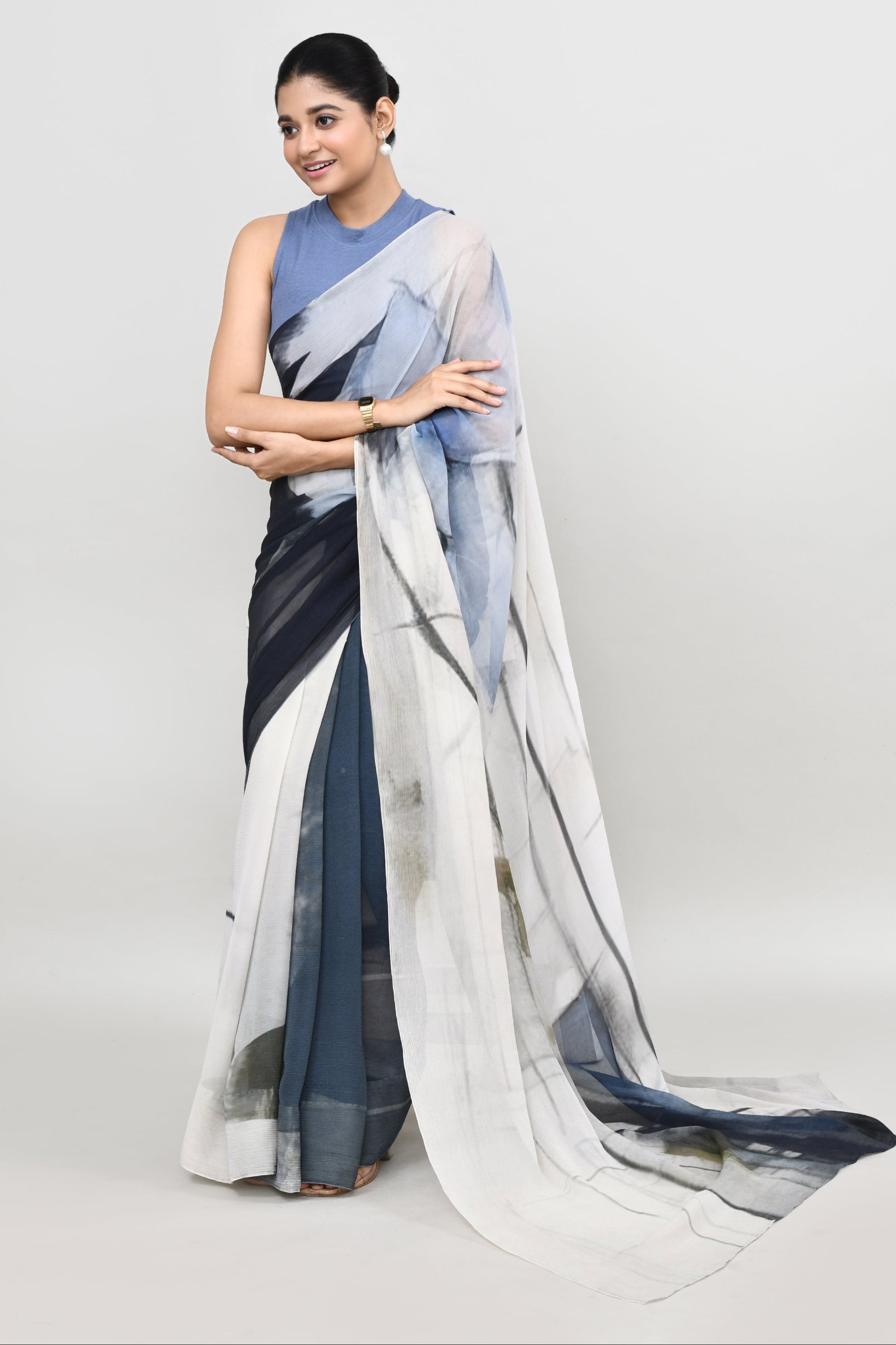 Blue & Grey Floral Chiffon Silk Saree Saree