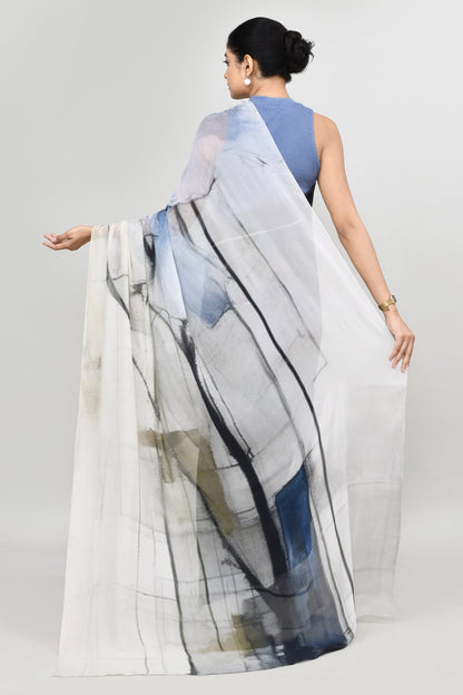 Blue & Grey Floral Chiffon Silk Saree Saree