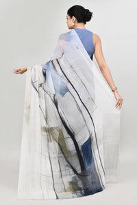 Blue & Grey Floral Chiffon Silk Saree Saree