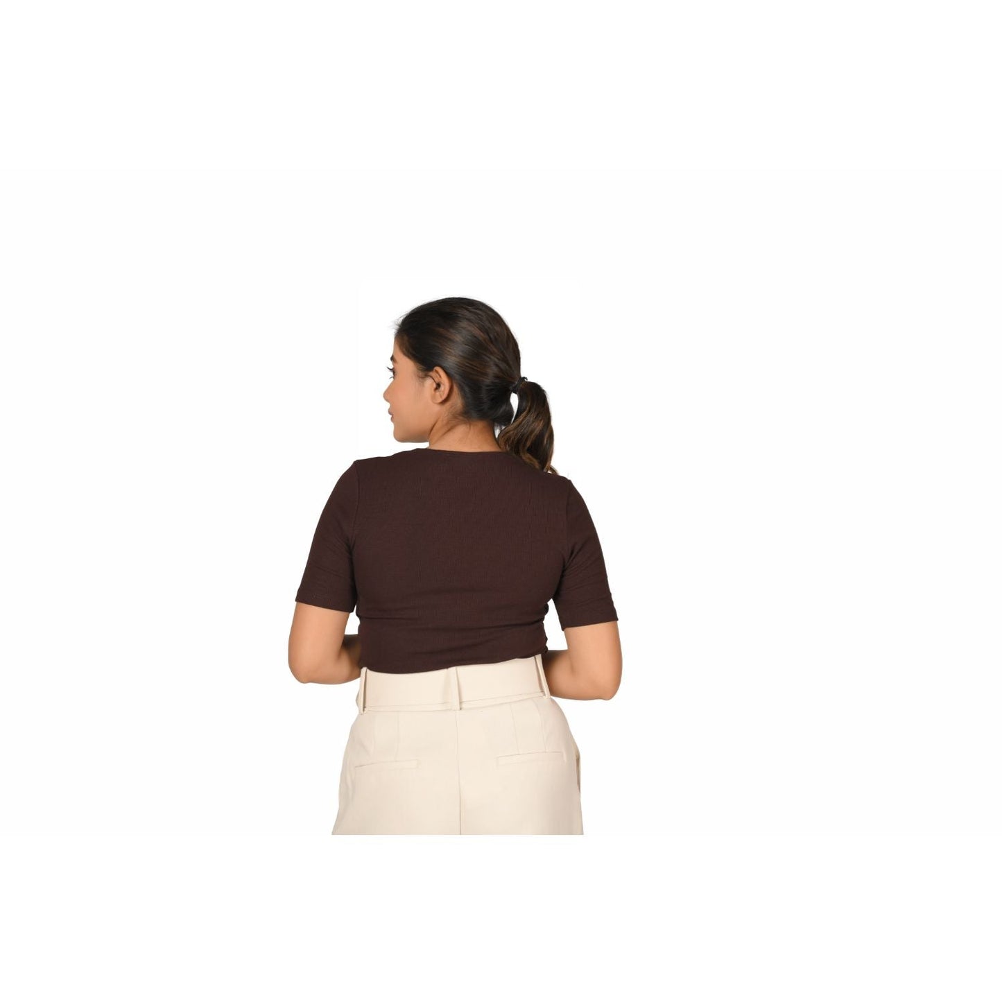 Hosiery Blouse- Regular Deep Round Neck - Dark Brown - Blouse featured