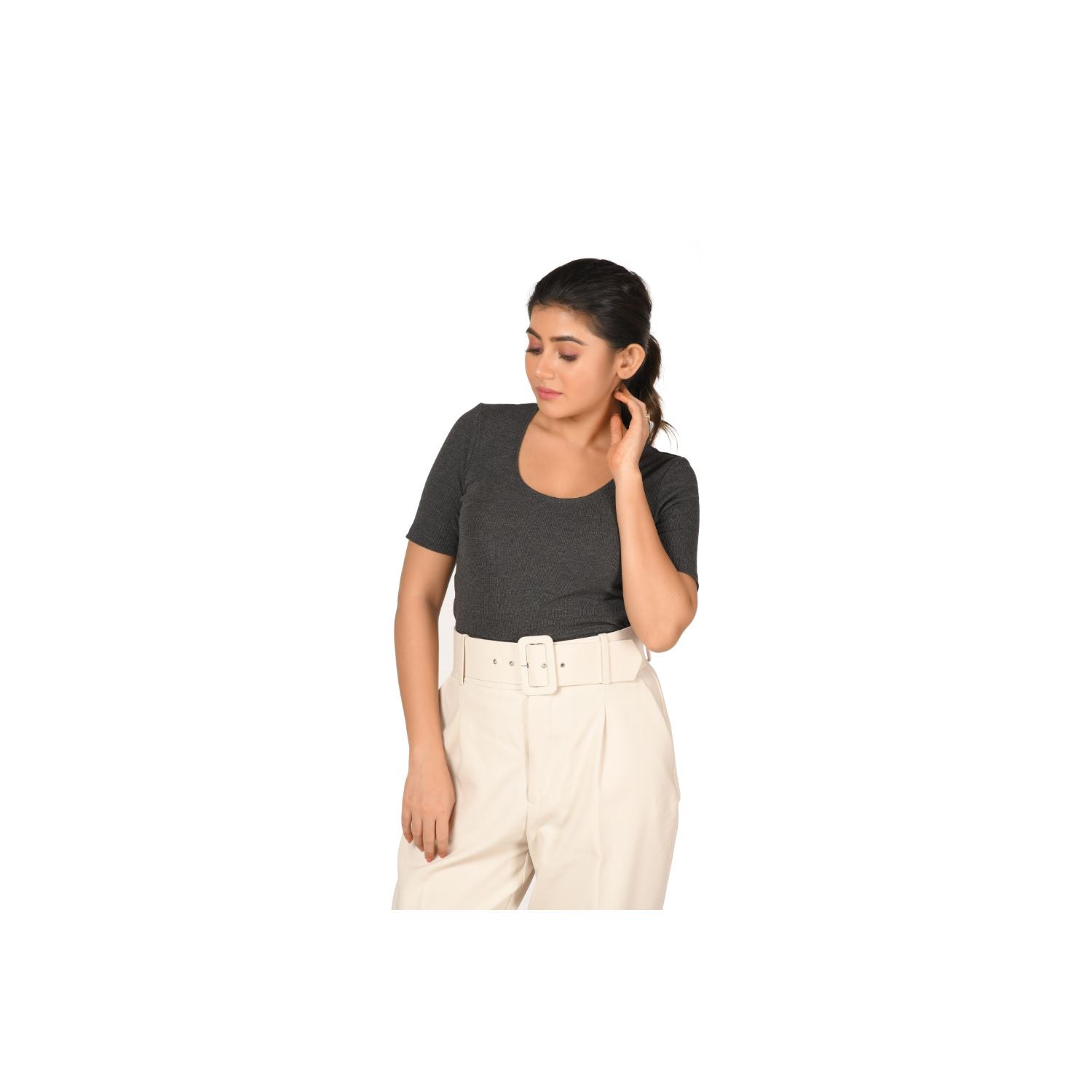Hosiery Blouse- Regular Deep Round Neck - Dark Grey - Blouse featured