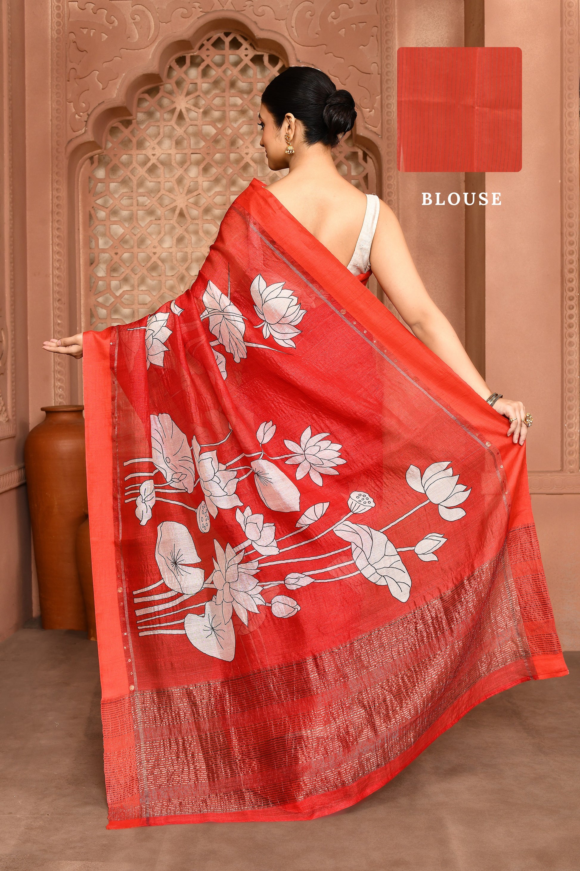 Gayatri Lotus Tussar Silk Saree - Crimson red featured