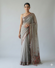 Load image into Gallery viewer, Triveni Linen Tissue saree Sage Green Saree featured