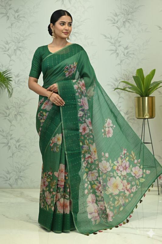 Kusum Floral Muslin Silk Saree green featured