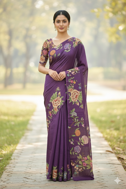 Avni: Zari Check Floral Silk Saree Eggplant featured