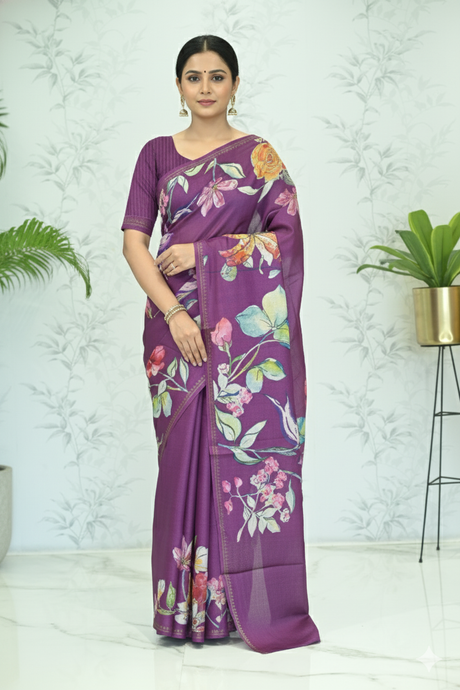 Samantha Blossom Tussar Silk Saree Eggplant Saree featured
