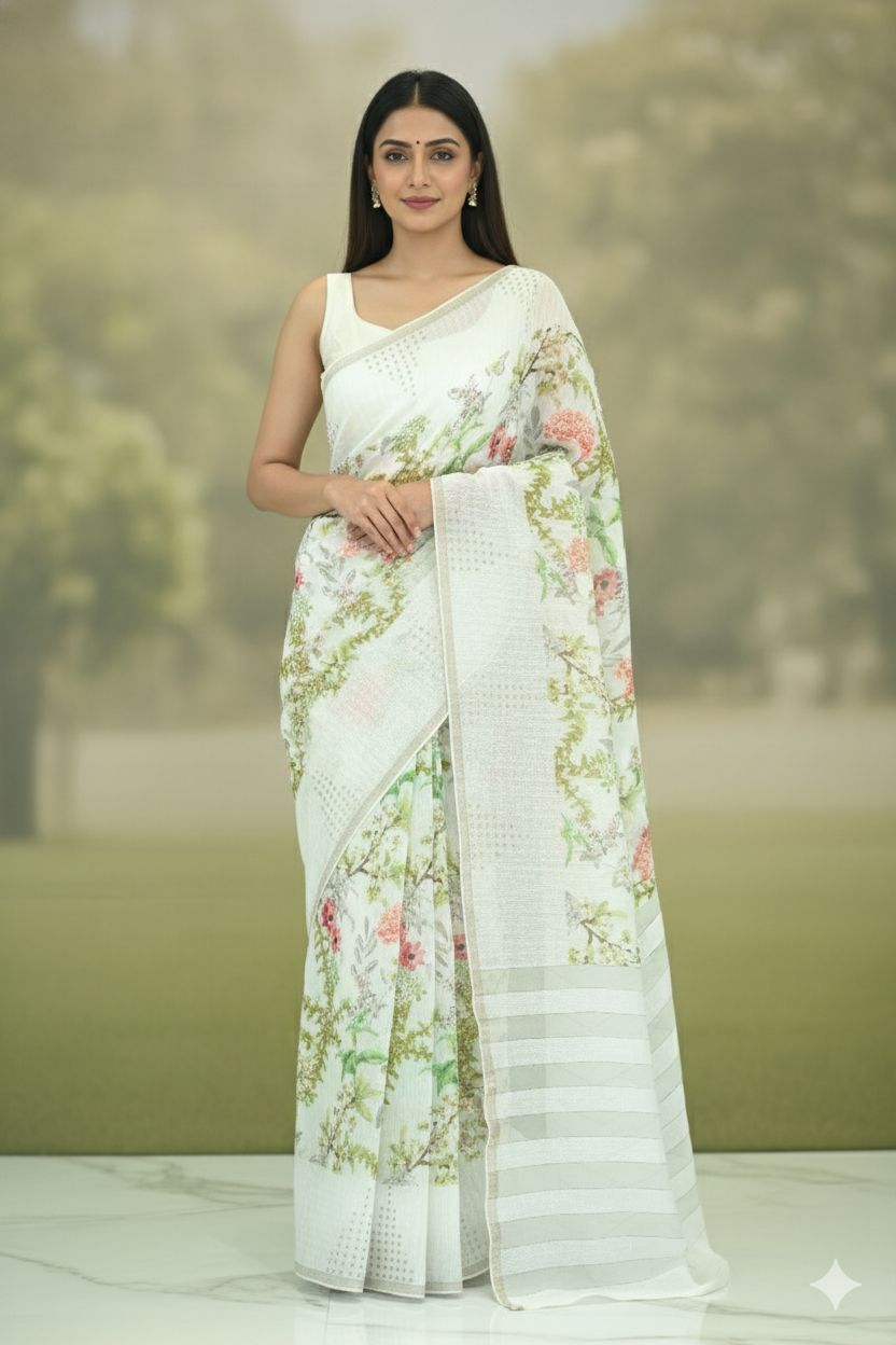 Indira Lenin Kora Saree Pastel White featured