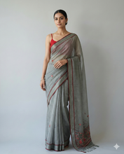 Load image into Gallery viewer, Triveni Linen Tissue saree Mehendi Green Saree featured