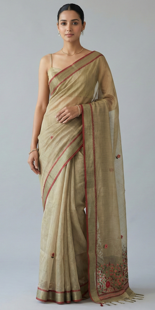 Triveni Linen Tissue saree Sage Green featured