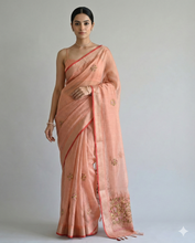 Load image into Gallery viewer, Saanvi Bloom Linen Tissue Saree Orange Saree featured