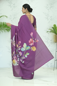 Samantha Blossom Tussar Silk Saree Eggplant Saree featured