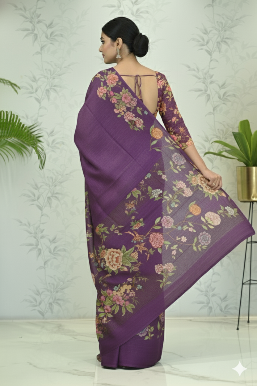 Avni: Zari Check Floral Silk Saree Eggplant featured