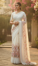 Load image into Gallery viewer, Kusum Floral Muslin Silk Saree white featured
