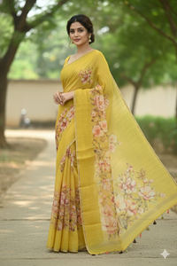 Kusum Floral Muslin Silk Saree mustard yellow featured