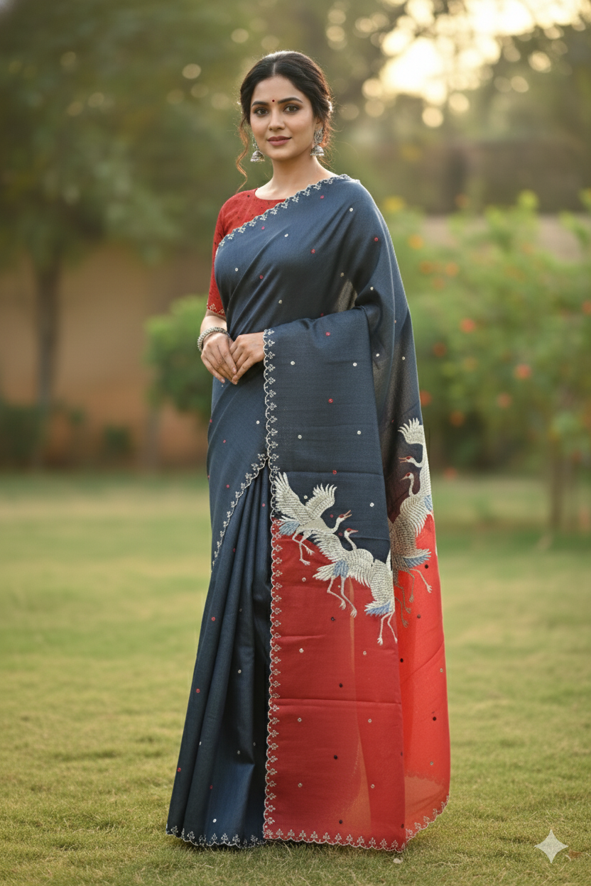 Vanya Flamingo Grace Tussar Silk Saree Gray & Red Saree featured removed
