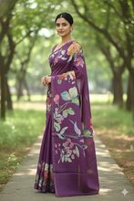 Load image into Gallery viewer, Samantha Blossom Tussar Silk Saree Eggplant Saree featured
