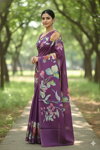 Samantha Blossom Tussar Silk Saree Eggplant Saree featured