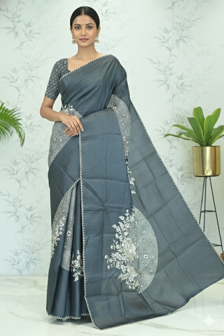 Poonam Shibori Bloom Tussar Saree Gray featured