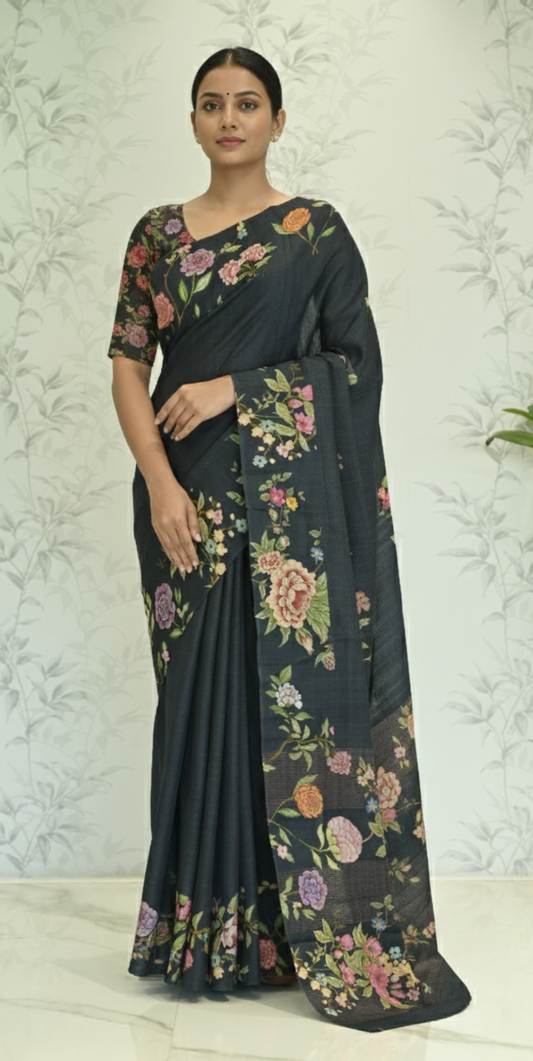 Avni: Zari Check Floral Silk Saree Charcoal Grey featured