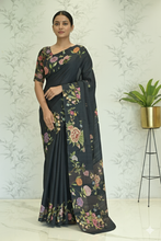 Load image into Gallery viewer, Avni: Zari Check Floral Silk Saree Charcoal Grey Saree