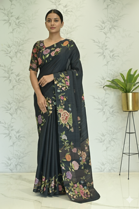 Avni: Zari Check Floral Silk Saree Charcoal Grey Saree