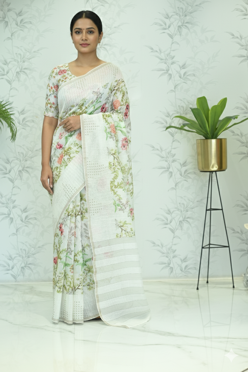 Indira Lenin Kora Saree Pastel White featured