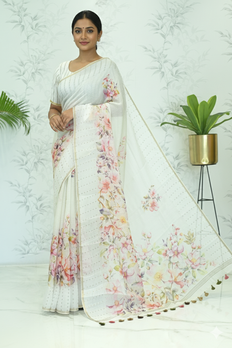 Kusum Floral Muslin Silk Saree white featured