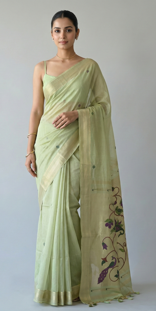 Iraja Mercerized Cotton Garden Saree Green featured