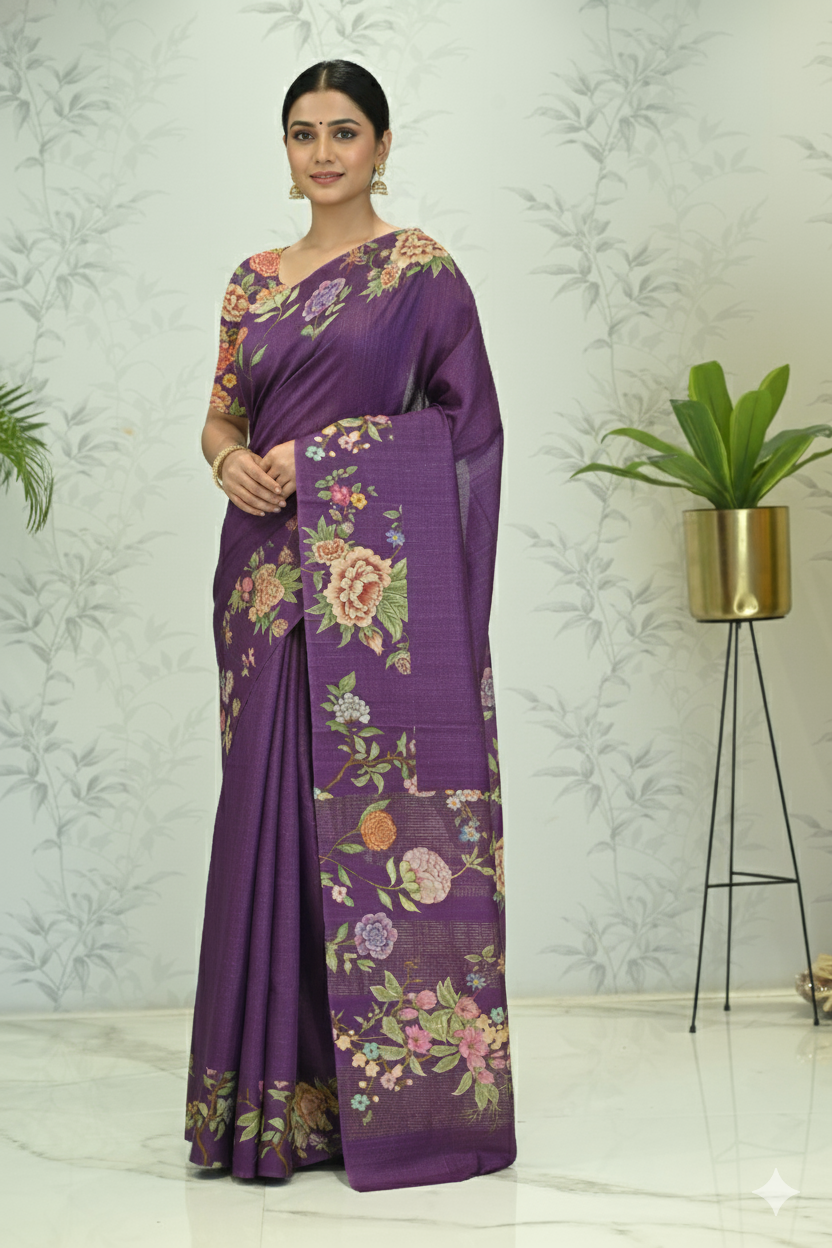 Avni: Zari Check Floral Silk Saree Eggplant featured removed