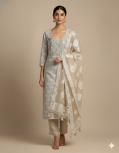Load image into Gallery viewer, Greige Rose Mal Chanderi Kurti Material featured