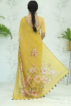 Load image into Gallery viewer, Kusum Floral Muslin Silk Saree mustard yellow featured