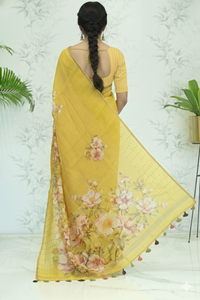 Kusum Floral Muslin Silk Saree mustard yellow featured